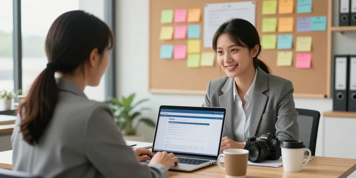 Session d'orientation professionnelle avec un conseiller et un jeune adulte dans un bureau moderne.
