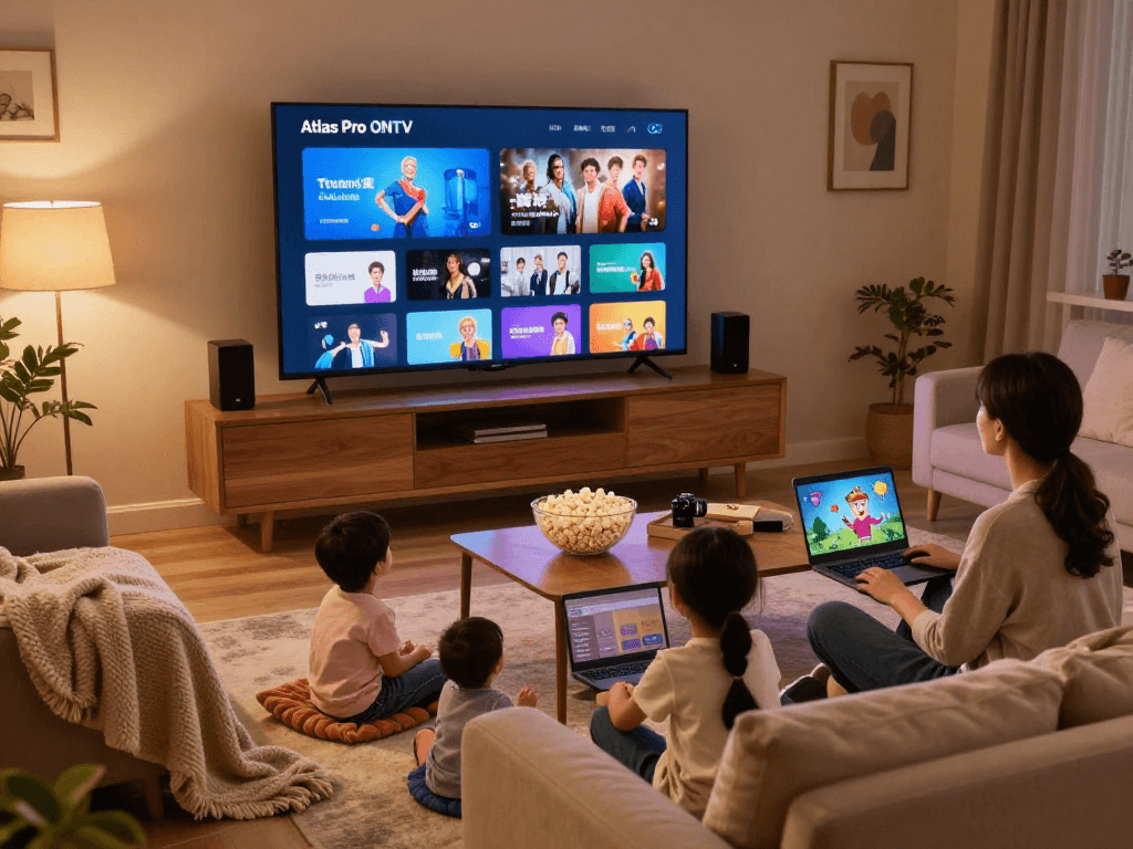 Une famille utilisant l'application atlas pro ONTV pour profiter d'un moment de cinéma à domicile avec leur Smart TV.