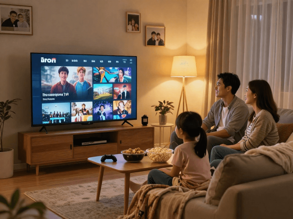 A family enjoying entertainment together on Iron TV in a cozy living room with snacks and warm lighting.
