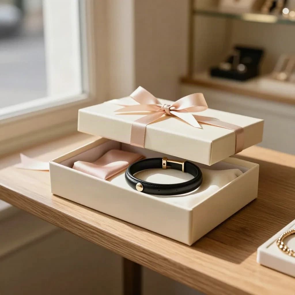 Coffret cadeau ivoire avec ruban champagne et bracelet cuir noir dans une boutique lumineuse.