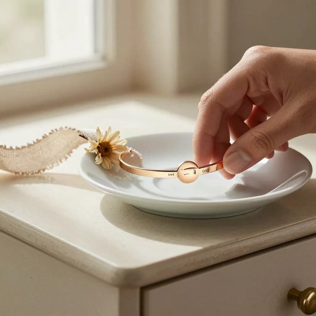 Bracelet gravé doré sur soucoupe en porcelaine, ruban de lin et fleur séchée.