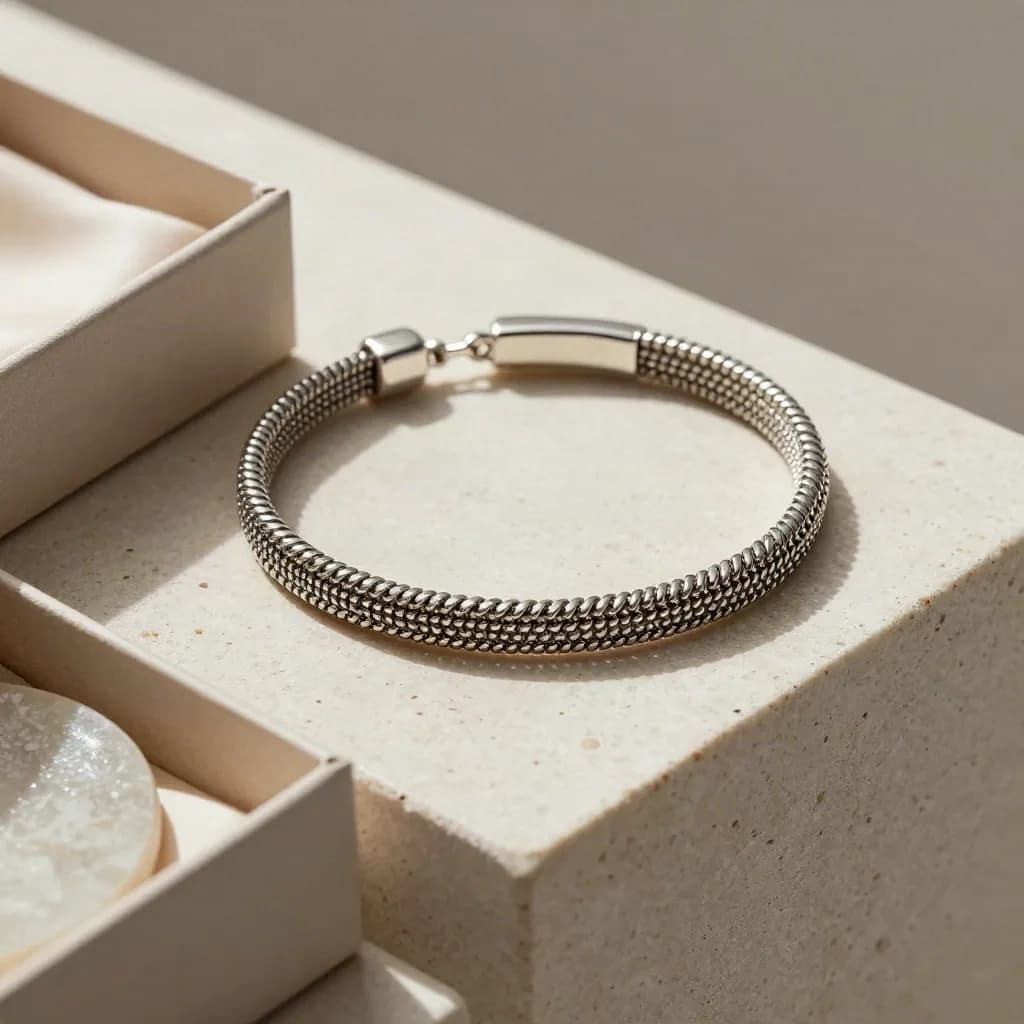 Bracelet argent miroir en maille fine avec coffret ouvert et disque de pierre sur fond ivoire.