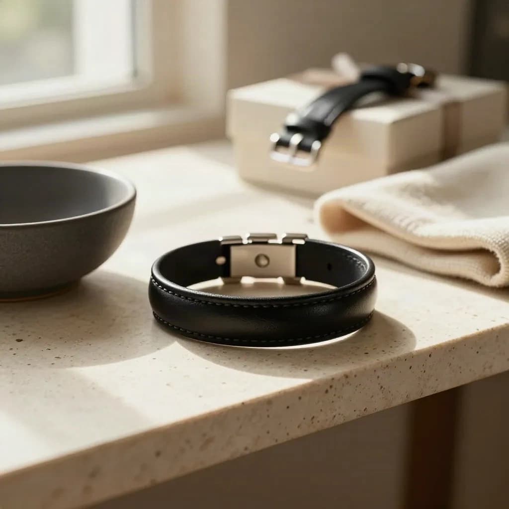 Bracelet en cuir noir près d’un bol graphite et d’un tissu laineux, lumière du matin.
