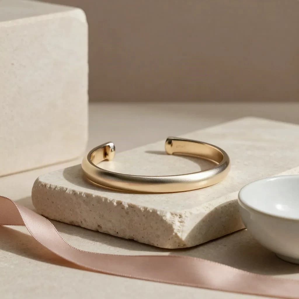 Bangle réglable doré sur socle de pierre, ruban de soie rose poudré, lumière cinématographique.