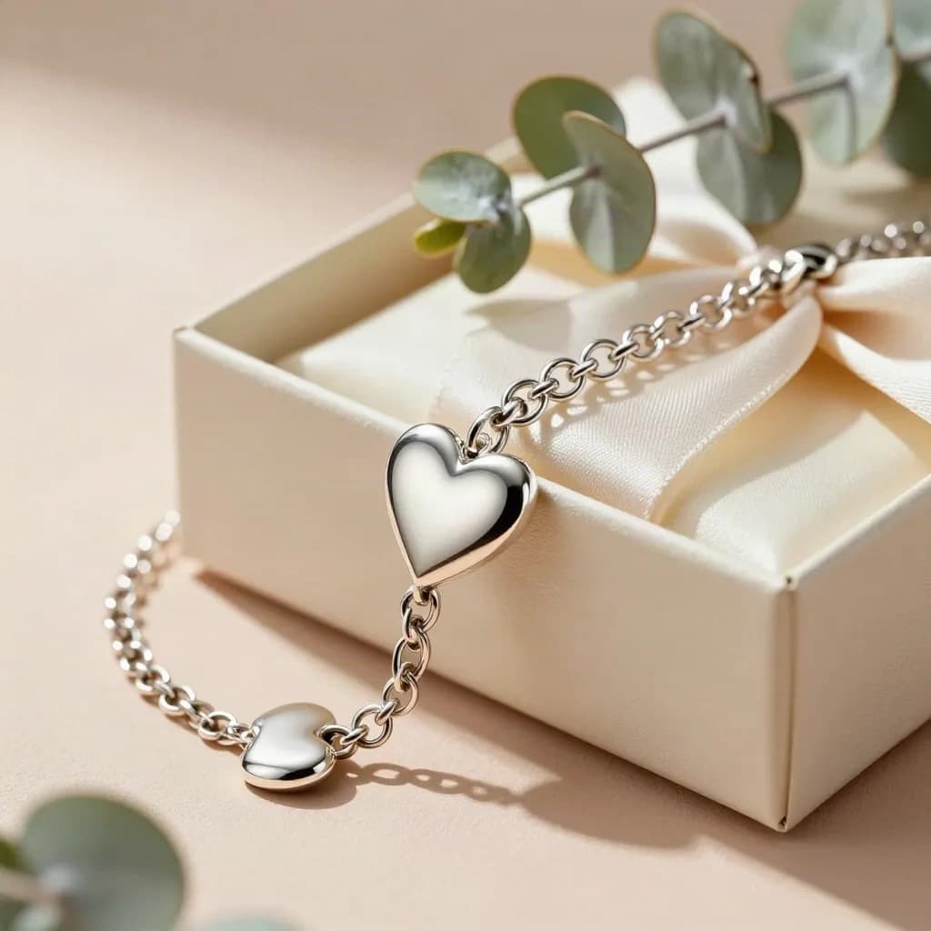 Bracelet charm cœur en argent frôlant une boîte cadeau ivoire, avec une branche d’eucalyptus.