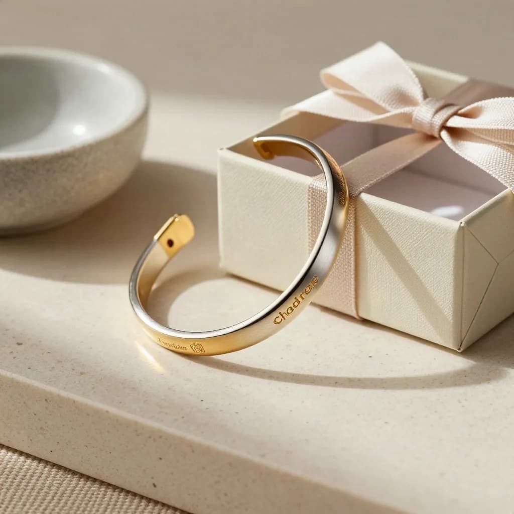 Bracelet gravé près d’un coffret entrouvert et d’un ruban de lin sur travertin.