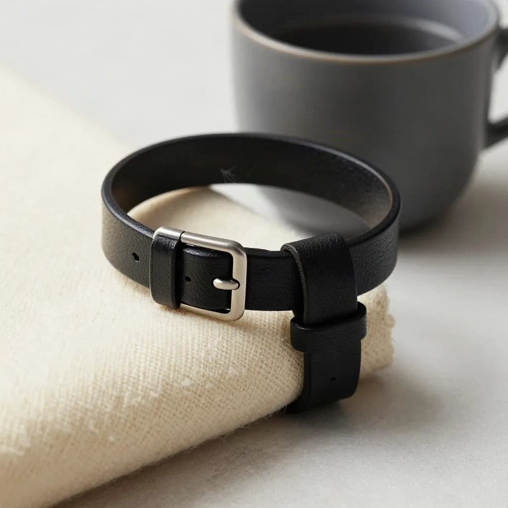 Bracelet en cuir noir souple près d’une coupe graphite sur laine crème, lumière douce et froide.