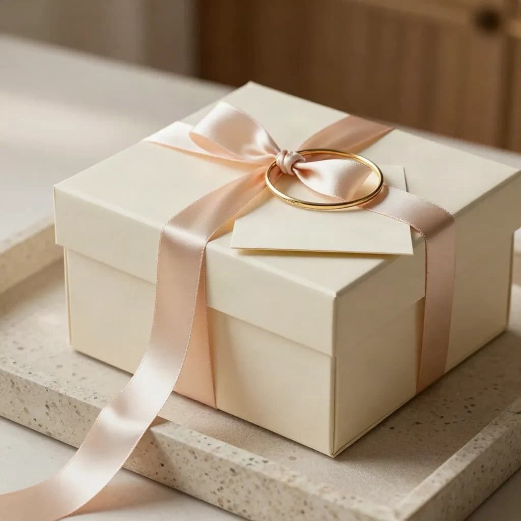 Coffret ivoire, ruban champagne et bracelet délicat sur carte pliée, lumière douce.