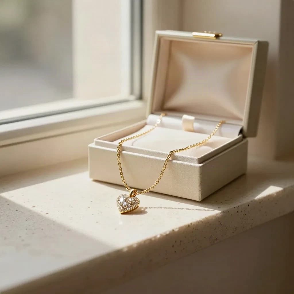 Chaîne en or jaune avec petit cœur et coffret cadeau ouvert sur travertin lumineux.