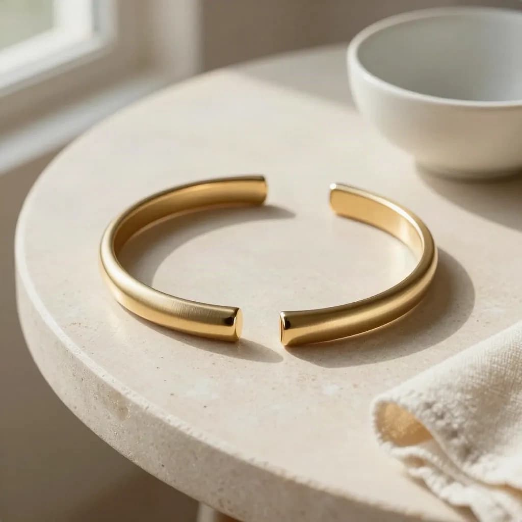 Bangle réglable doré sur table ivoire, anneau de cuir et coupelle en céramique