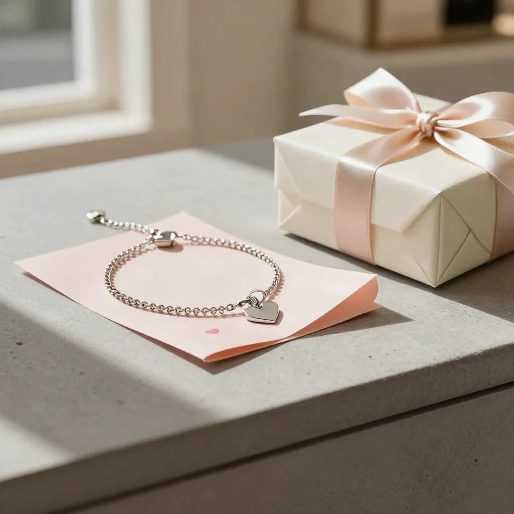 Bracelet cœur en argent, papier cadeau rose poudré et coffret ivoire dans une boutique luxe