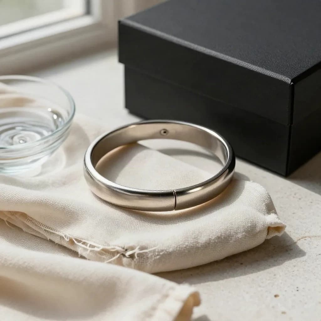 Bracelet essuyé, coupelle d’eau claire et coffret fermé sur pierre claire.