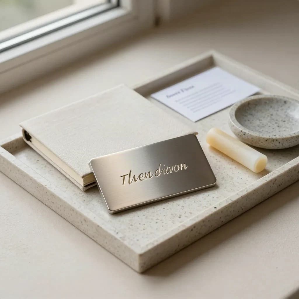 Plaque de bracelet, carnet fermé, cire et coupelle en pierre sur plateau de travertin.