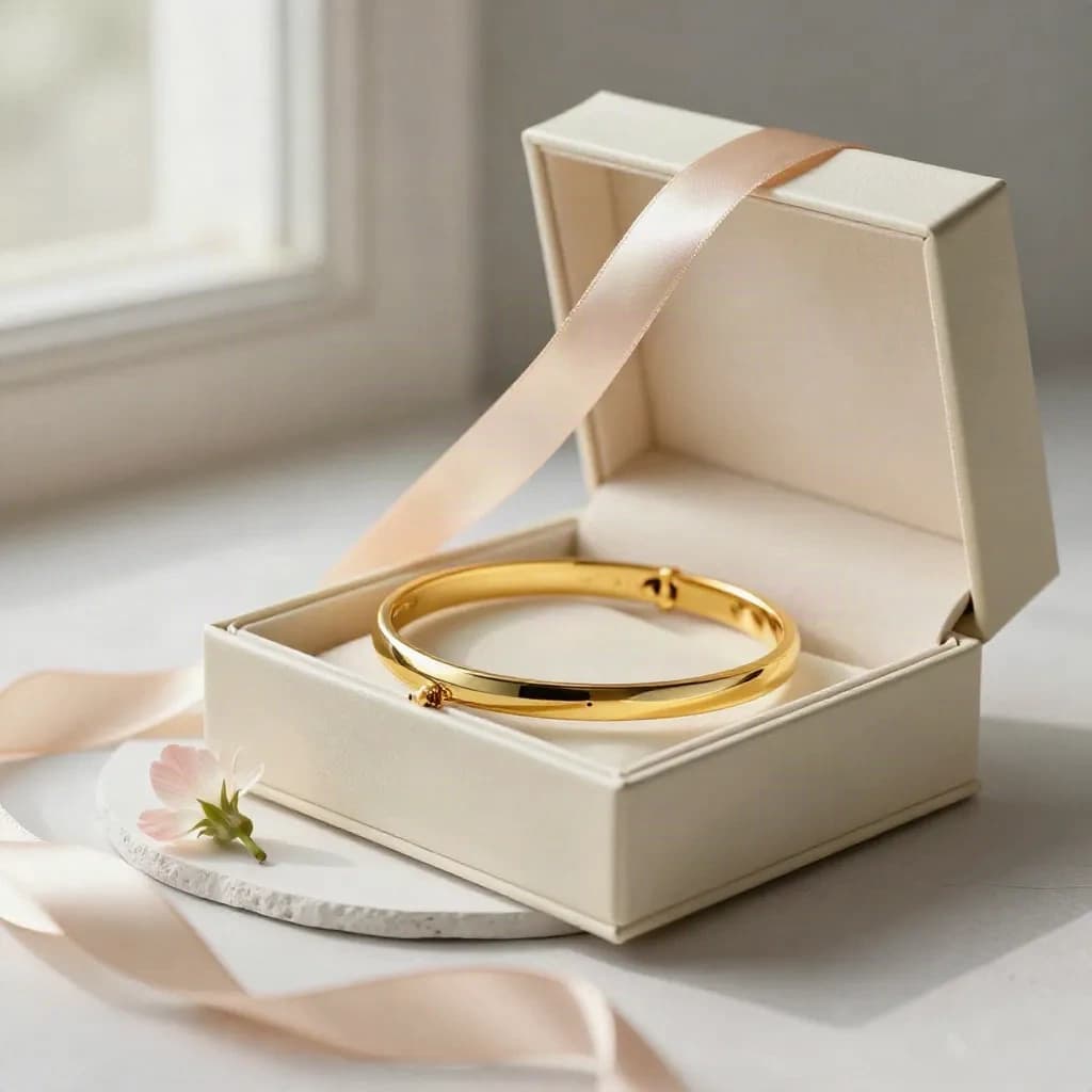 Coffret cadeau ivoire avec bracelet doré et ruban champagne sur fond clair.