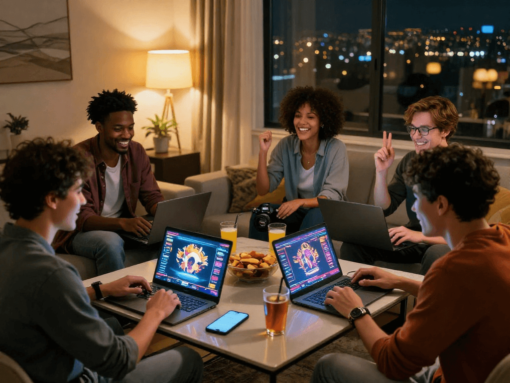 Amis jouant ensemble à des jeux sur un casino en ligne, avec des ordinateurs portables et des smartphones.