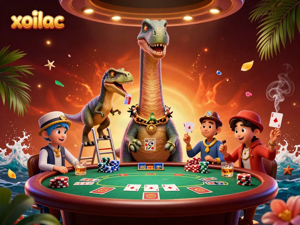 Xoilac invites players into a vibrant casino scene featuring fun animated dinosaurs and poker elements.