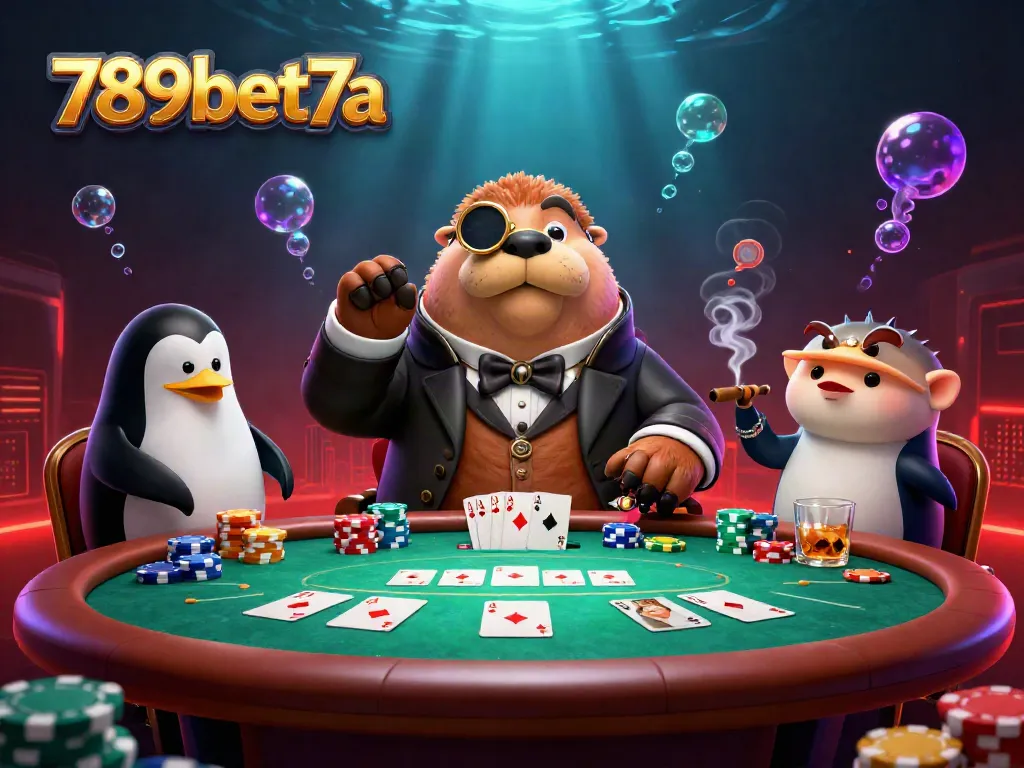 Experience thrilling poker action with 789bet7a in an underwater casino scene featuring a walrus, penguin dealer, and pufferfish.