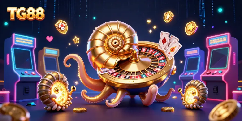 Experience thrilling gameplay with TG88's giant nautilus spinning the roulette wheel in a vibrant casino.