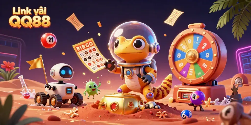 Engage in thrilling casino adventures with Link vào QQ88, featuring an alien Martian gecko uncovering treasures.