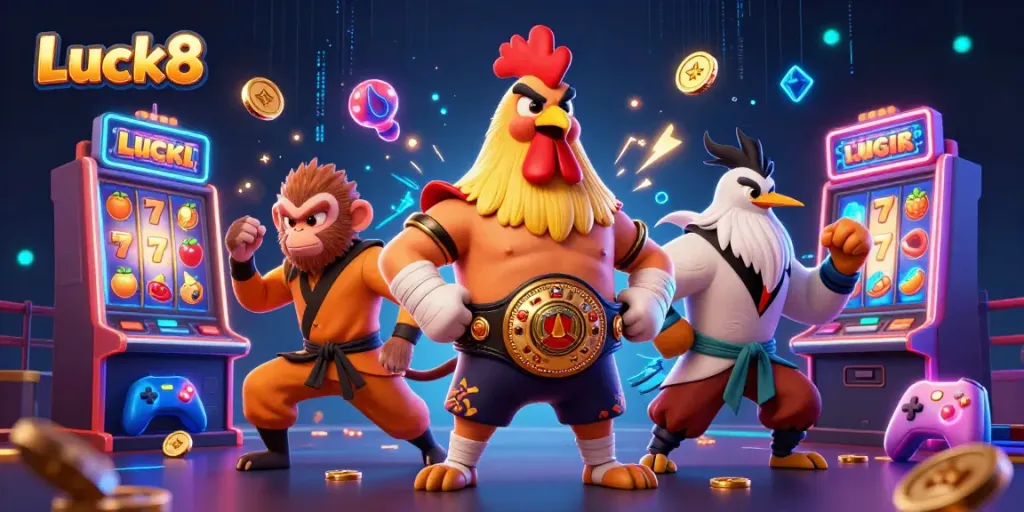 Experience the excitement of Luck8 with a Muay Thai rooster and martial artists in a vibrant casino setting.