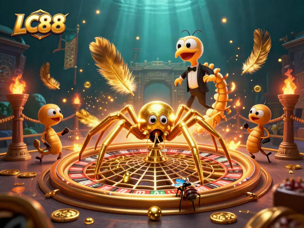 LC88 roulette-themed illustration with a golden spider and a nervous fly placing bets