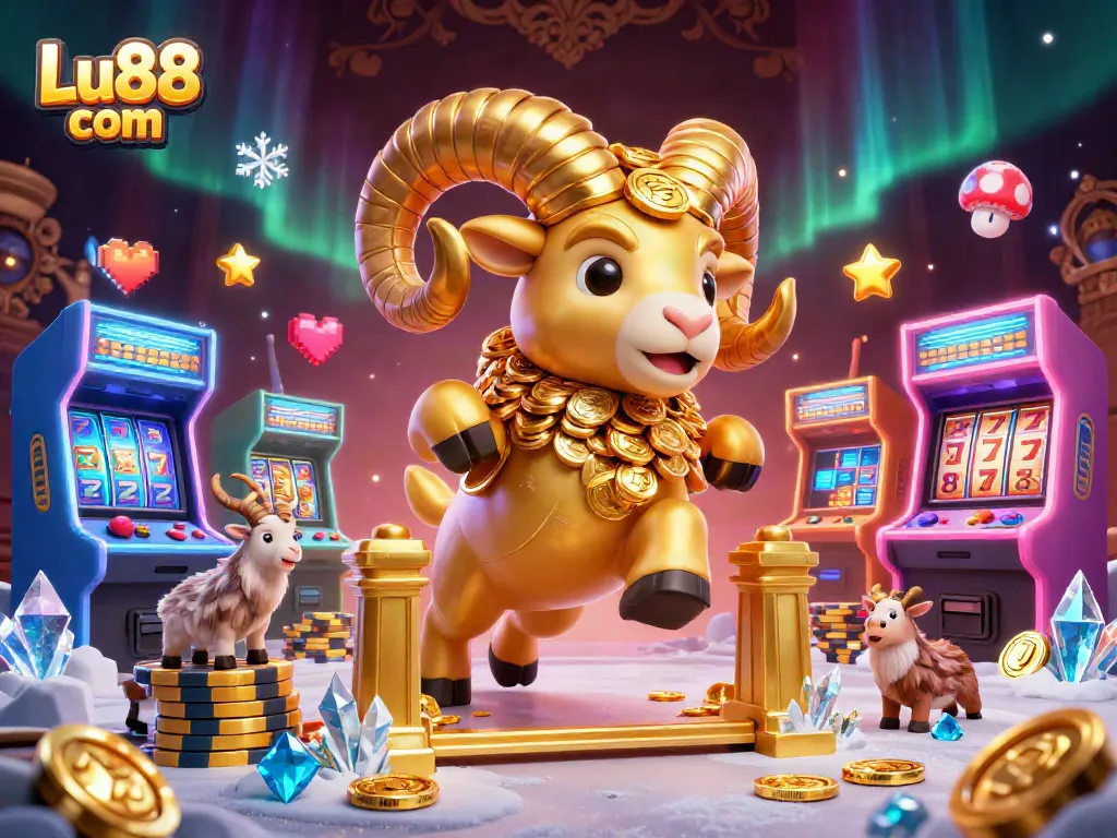 Spin the reels of fortune at Lu88 com with a golden ram mascot and vivid casino elements.