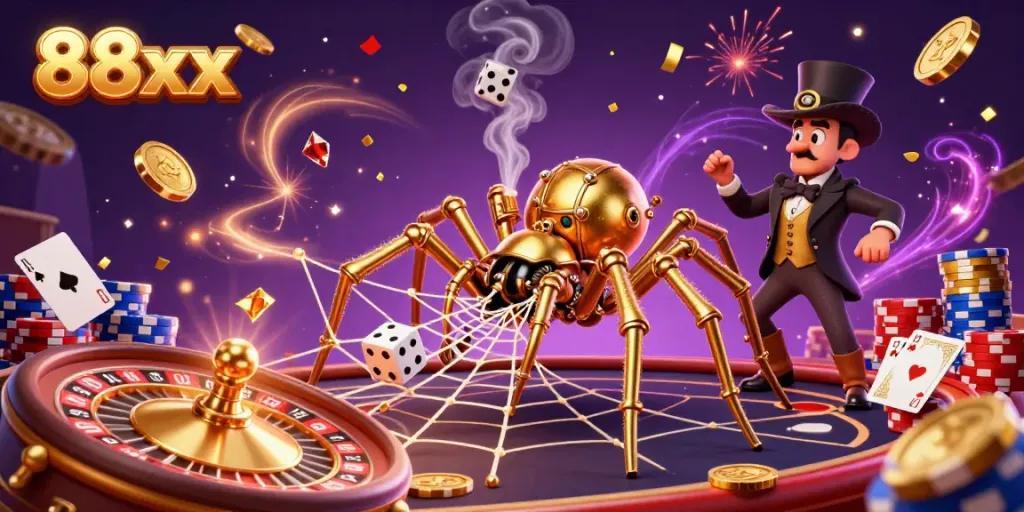 Engage with the thrilling energy of 88xx as a steampunk spider ensnares dice, surrounded by cascading coins and casino icons.