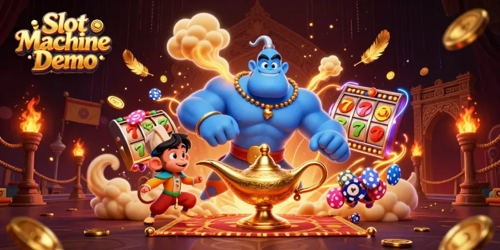 Experience the Slot Machine Demo with a powerful genie and magic carpet while exploring slot gameplay.