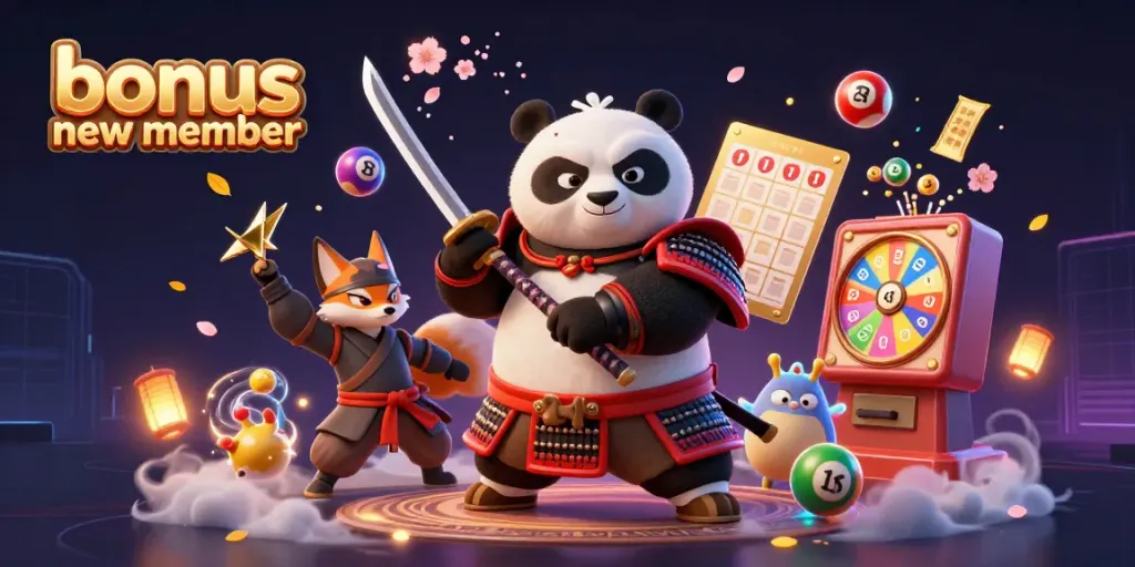 Engage with the bonus new member offer as a samurai panda and ninja fox celebrate in a dynamic casino scene.