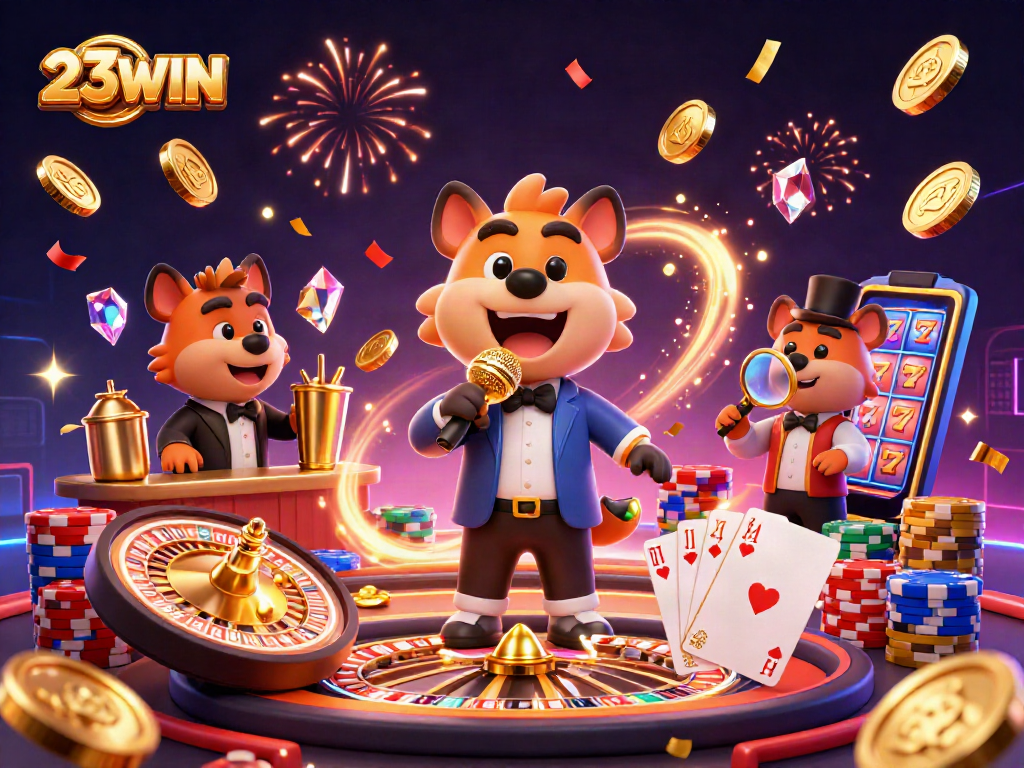 Experience the vibrant casino scene with 23WIN hyenas, engaging in games and laughter for thrilling fun.