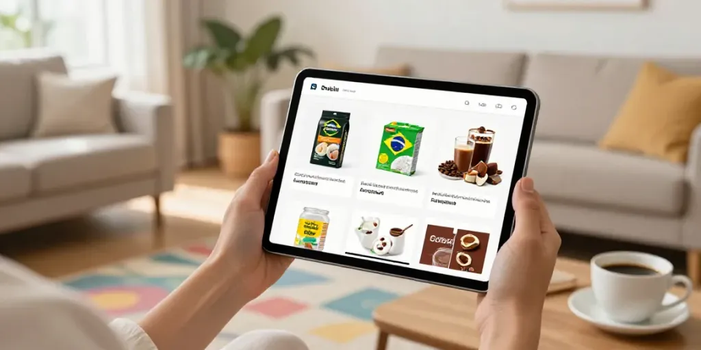 Scène de shopping en ligne avec une personne explorant des produits brésiliens, y compris des guaranás et du café, dans un salon lumineux.
