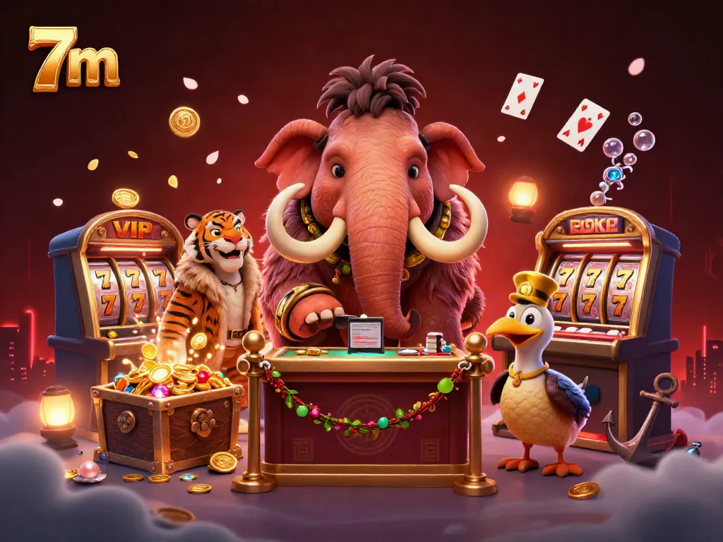 Engage in 7m gaming with a whimsical 3D scene of a woolly mammoth bouncer and vibrant slot machines.