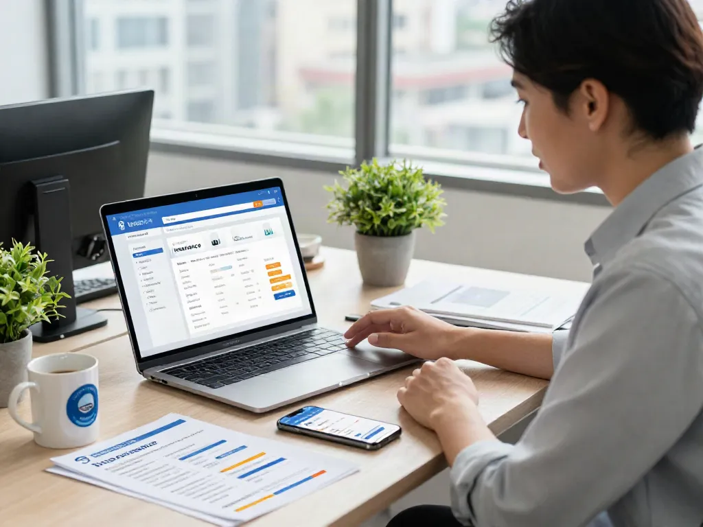 Agent dans un bureau d'assurance consultant les avis sur acheel, environnement lumineux et accueillant.