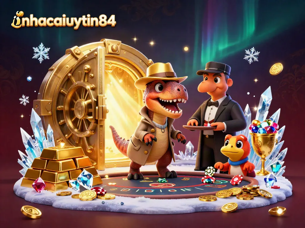 nhacaiuytin84 features a quirky velociraptor at a blackjack table amidst gold and jewels.