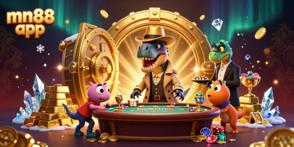 Experience the vibrant adventures of the mn88 app with a velociraptor card counter and friends at a dynamic casino scene.