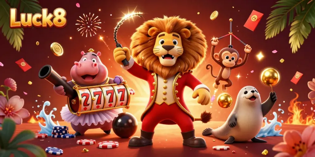 Luck8 showcases an exciting casino scene with vibrant characters and dynamic elements.