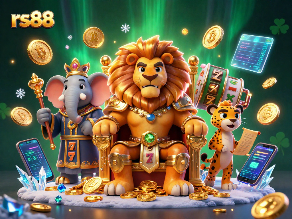 Experience the excitement of rs88 with a vibrant illustration of a lion king and symbols of casino gaming.