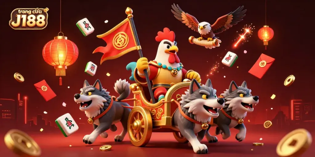 Experience thrilling action at trang chủ J188 with a colorful 3D casino adventure scene featuring a rooster warlord and dynamic game elements.