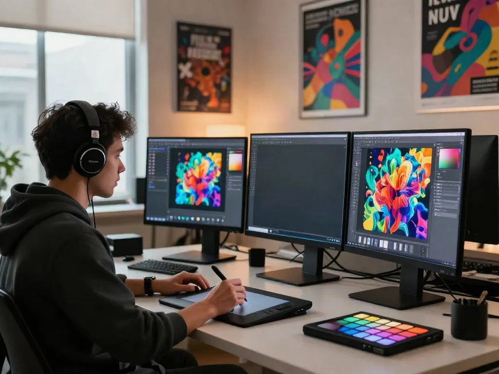 Graphic designer creating vibrant NSFW AI artwork in a modern studio.