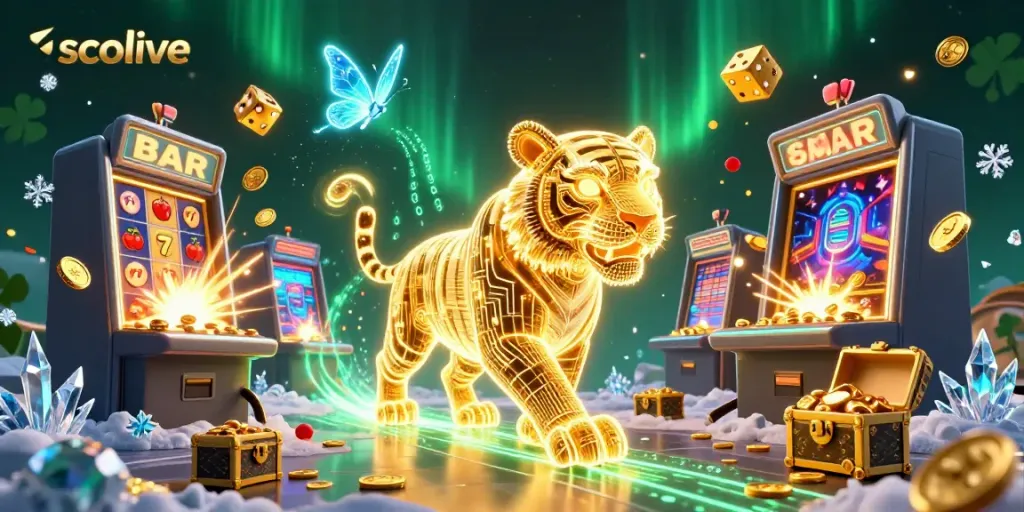 Socolive presents a neon-wireframe golden tiger amidst casino excitement, showcasing jackpot elements and glowing treasures.