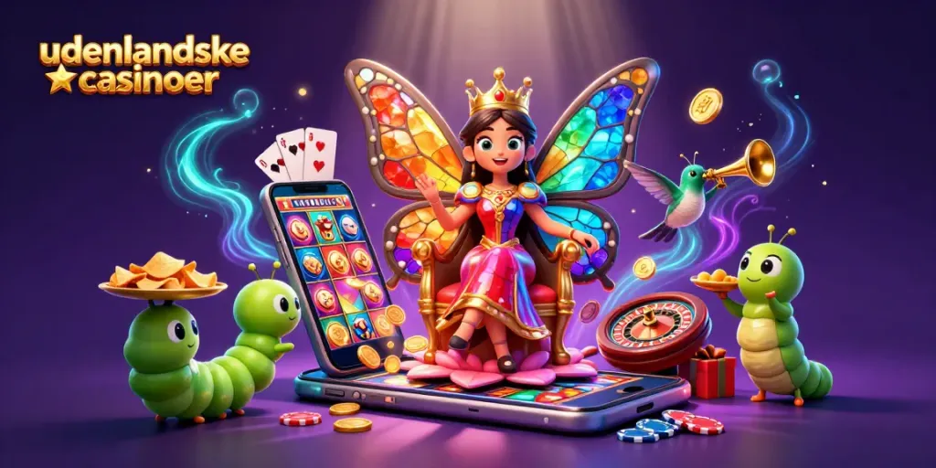 Experience the magic of udenlandske casinoer with dazzling characters and casino elements in a vibrant scene.