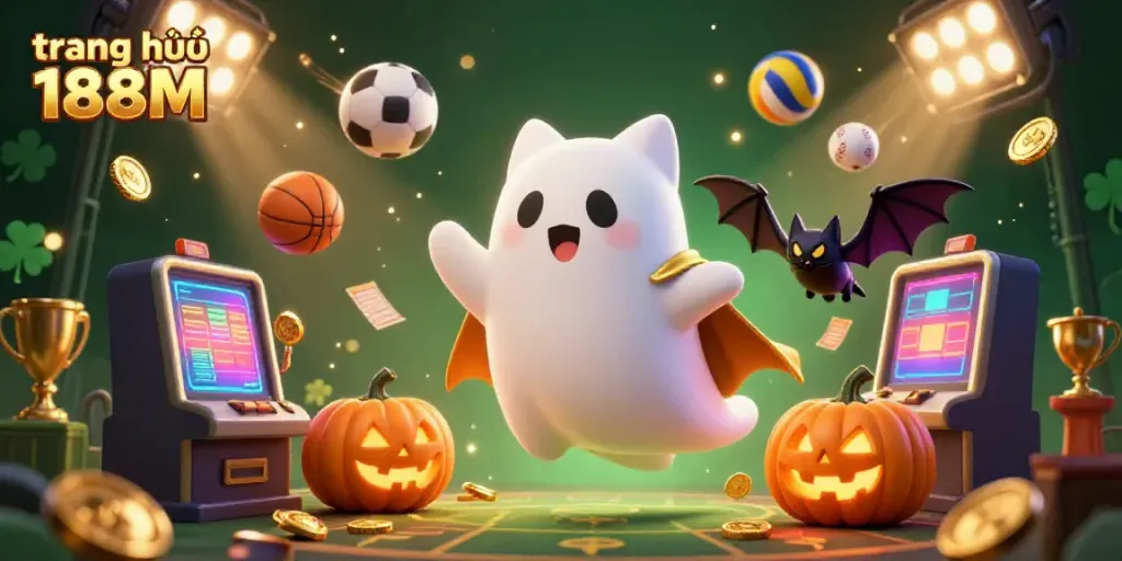 Engage with the exciting world of trang chủ 188M featuring a whimsical ghost cat and bat in a vibrant casino scene filled with dynamic elements.