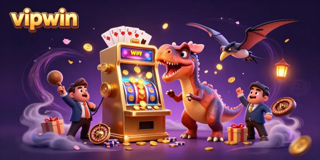 Experience the excitement of vipwin with a dinosaur-themed casino scene featuring lively characters and thrilling slot action.