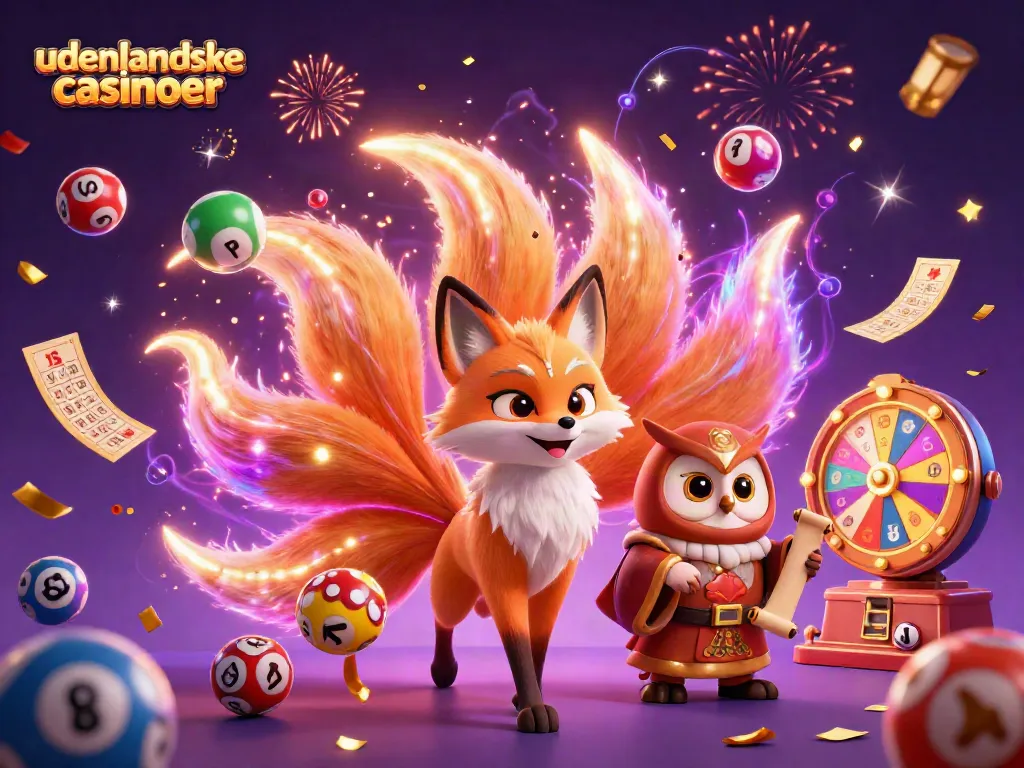 Engage with udenlandske casinoer through vibrant lottery balls and magical spirits in an enchanting scene.