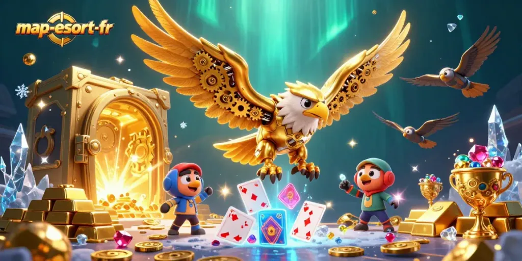 Win big at map-escort-fr with a 3D cybernetic eagle amidst a cascade of holographic cards.