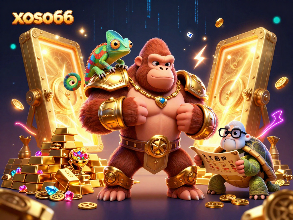 Xoso66 players celebrate jackpot wins surrounded by treasures and vibrant game elements in a dynamic casino scene.