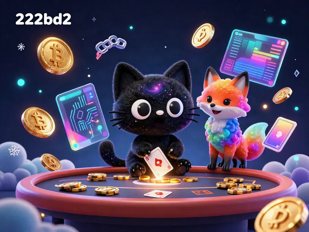Engage with 222bd2's cosmic casino adventure featuring a black hole cat and cryptocurrency elements.