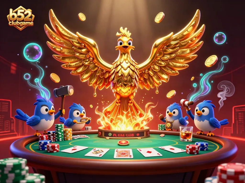 Experience the thrills at b52clubgame with a golden phoenix rising over a vibrant poker scene.