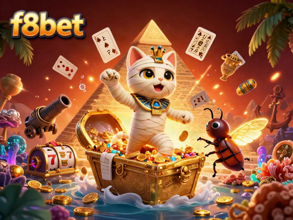 Experience the thrill of f8bet with a 3D Egyptian mummy bursting from a sarcophagus in a vibrant casino.