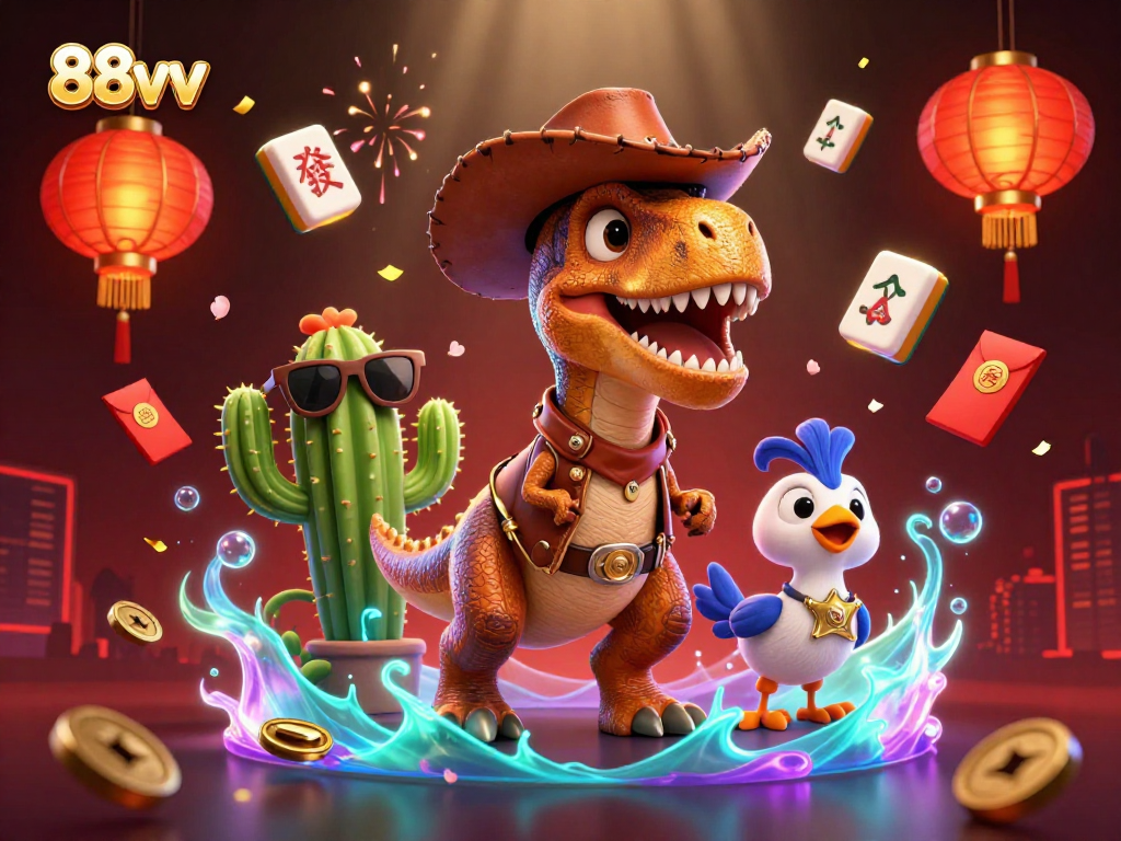 Experience thrilling wins with the 88vv cowboy dinosaur and gaming elements in a colorful casino scene.